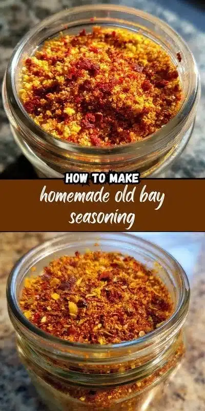 Homemade Old Bay Seasoning in a jar with spices and herbs.