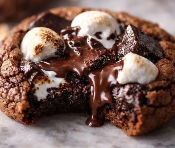 Delicious hot chocolate cookies topped with marshmallows on a plate