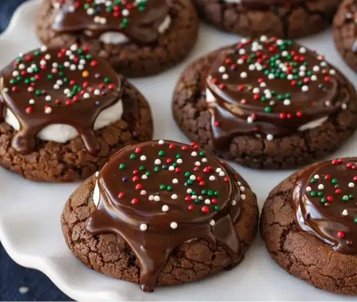 Delicious Hot Cocoa Cookies topped with marshmallows and chocolate drizzle