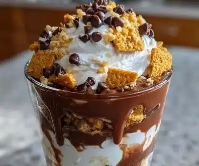 Delicious Hot Fudge Golden Grahams Parfait with layers of fudge and graham crackers.