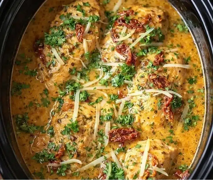 Crockpot Marry Me Chicken Soup garnished with herbs in a bowl