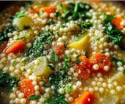 A bowl of Italian Pastina Soup garnished with fresh herbs and vegetables
