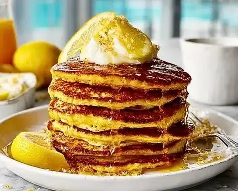 Fluffy lemon ricotta protein pancakes served with fresh fruit and syrup