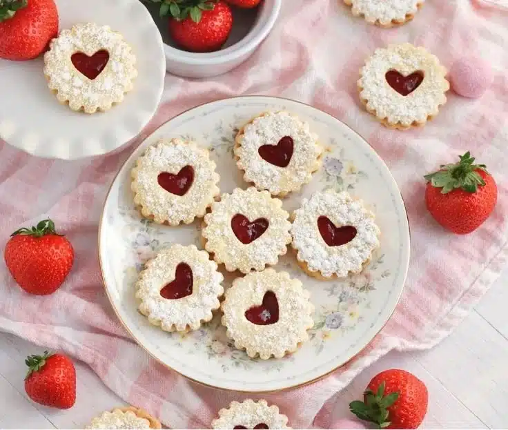 Freshly baked Linzer Cookies filled with jam and dusted with powdered sugar