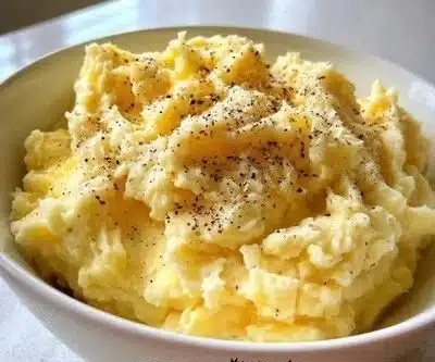 Bowl of Maggie's creamy mashed potatoes topped with butter and herbs.