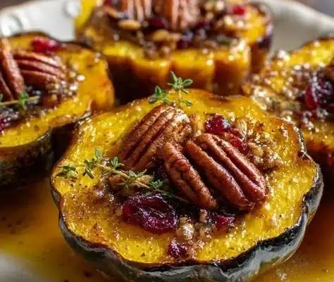 Maple Pecan Roasted Acorn Squash 25 Maple Pecan Roasted Acorn Squash dish garnished with pecans and maple syrup