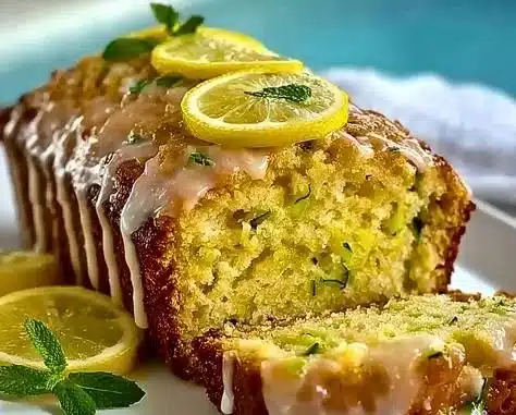 Moist Lemon Zucchini Cake drizzled with sweet glaze on a serving plate.