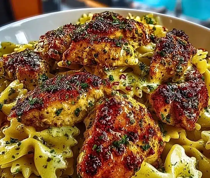 Mozzarella garlic butter chicken bowties in creamy sauce
