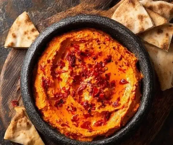 Muhammara Roasted Pepper Dip 5 Bowl of Muhammara roasted pepper dip with a sprinkle of herbs and pita bread.