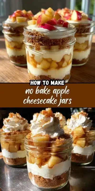 No Bake Apple Cheesecake Jars 9 No Bake Apple Cheesecake Jars served in clear dessert cups with apple slices on top.