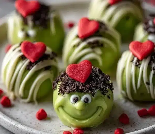 No-bake Grinch Oreo Truffles decorated for the holidays