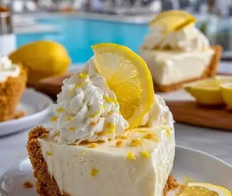 No Bake Lemon Pie 8 Delicious no bake lemon pie garnished with lemon slices and whipped cream.