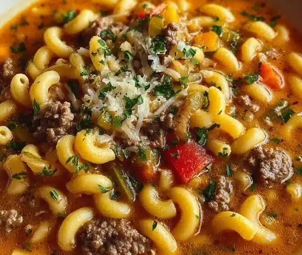 One-Pot Cheesy Cheeseburger Macaroni Soup in a bowl