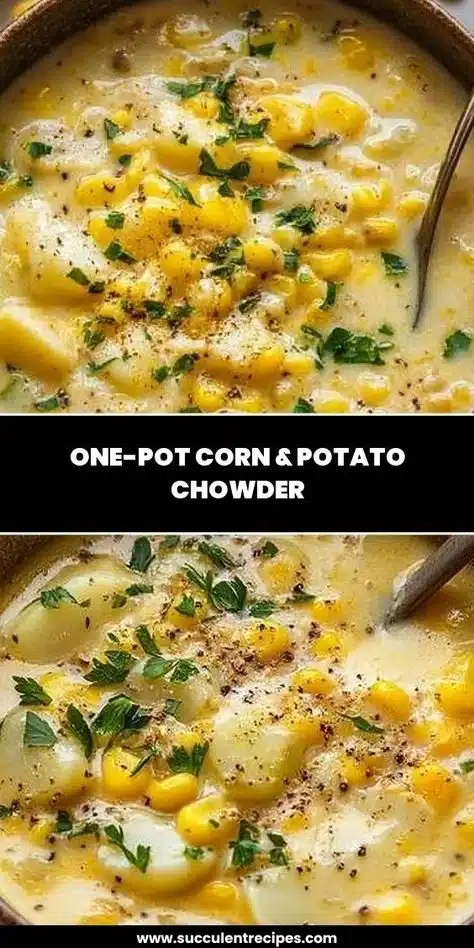 Bowl of one-pot corn potato chowder garnished with herbs and served hot.