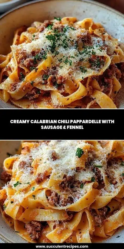 Pappardelle with Calabrian Chili Sauce and Sausage 9 Delicious pappardelle pasta with Calabrian chili sauce and sausage served in a bowl