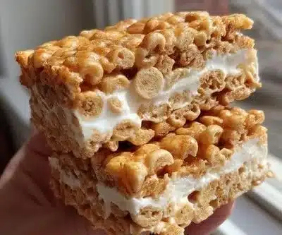 PB&J Puffed Cereal Ice Cream Sandwiches stacked on a plate