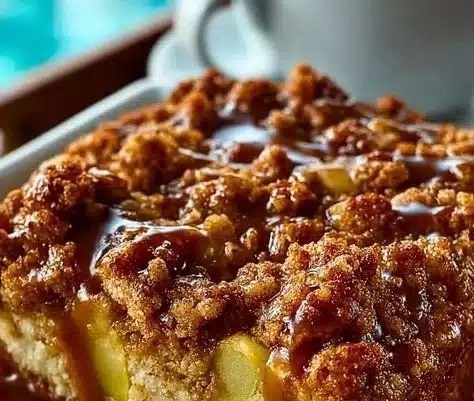 Pecan Apple Crisp Coffee Cake 6 Sliced Pecan Apple Crisp Coffee Cake topped with nuts and caramel drizzle