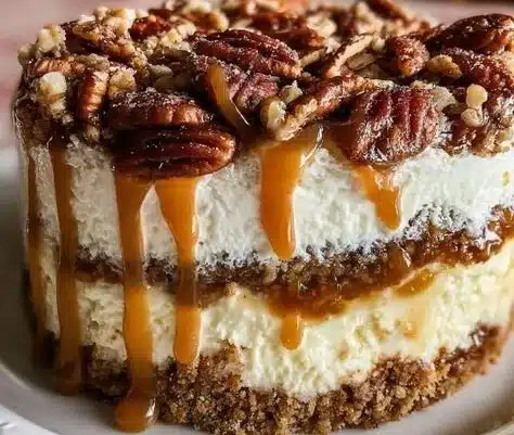 Delicious Pecan Pie Cheesecake Trifle layered with creamy cheesecake and pecan topping