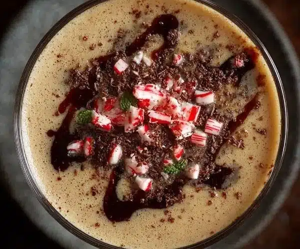 A festive Peppermint Espresso Martini garnished with a peppermint stick.