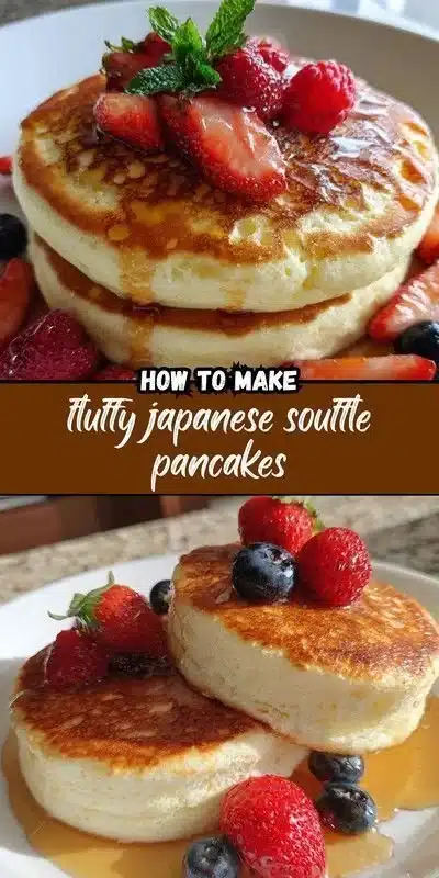 Fluffy Japanese souffle pancakes stacked on a plate with syrup and berries