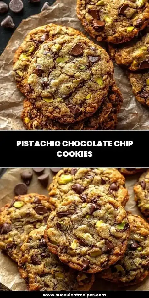 Pistachio Chocolate Chip Cookies 5 Freshly baked pistachio chocolate chip cookies on a baking tray