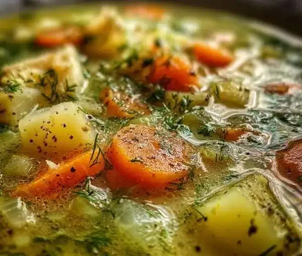 A bowl of Polish Dill Soup garnished with fresh dill and served with bread.