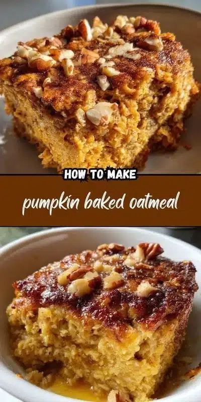 Pumpkin Baked Oatmeal 2 Delicious Pumpkin Baked Oatmeal served in a bowl, topped with nuts and spices.