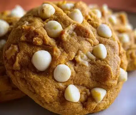 Pumpkin cookies with white chocolate chips on a rustic wooden table