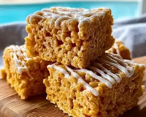 Pumpkin Spice Rice Krispie Treats 7 Delicious Pumpkin Spice Rice Krispie Treats arranged on a plate for fall.