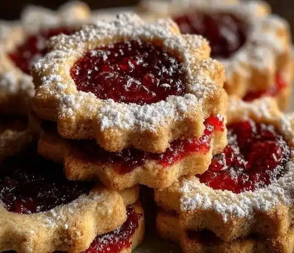 Raspberry Linzer Cookies 8 Delicious Raspberry Linzer Cookies with raspberry filling and powdered sugar on top