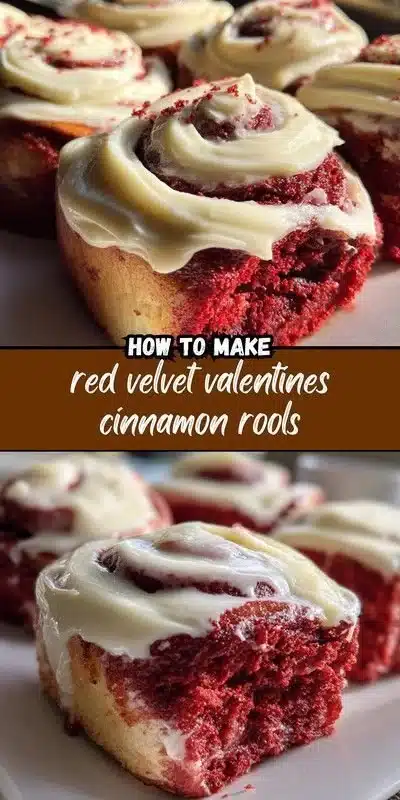 Red Velvet Valentine's Cinnamon Rolls topped with cream cheese icing