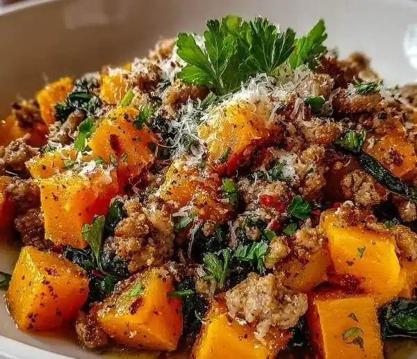 Roasted Butternut Squash With Ground Turkey 8 Roasted butternut squash dish served with ground turkey and garnished with herbs.