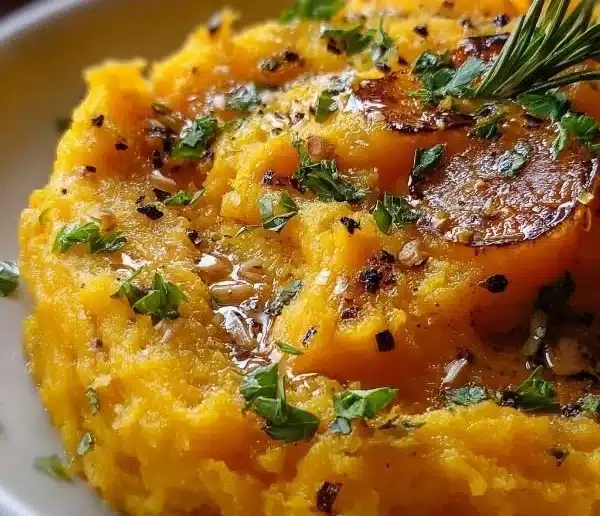 Roasted Garlic Mashed Butternut Squash 6 Roasted garlic mashed butternut squash served in a bowl garnished with herbs