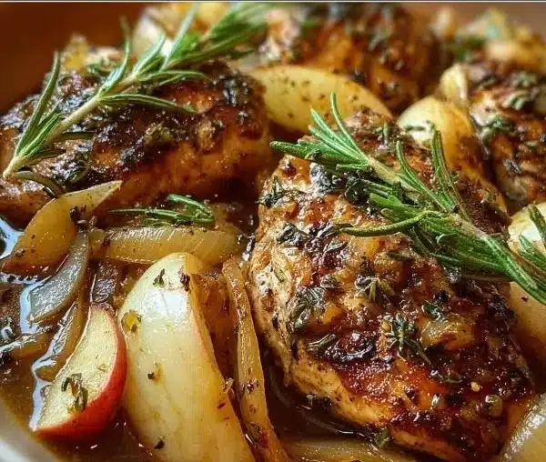 Rosemary Apple Cider Chicken dish with herbs and apples
