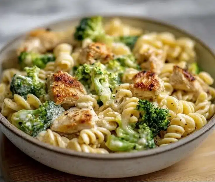 Creamy one-pot rotisserie chicken pasta with broccoli dish
