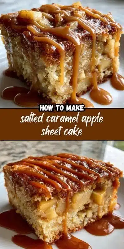 Salted Caramel Apple Sheet Cake 5 Delicious Salted Caramel Apple Sheet Cake topped with caramel sauce and apple slices.