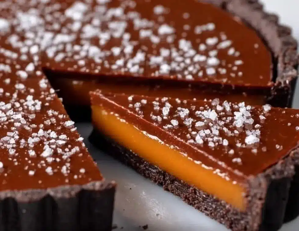 Delicious salted caramel chocolate tart on a dessert plate