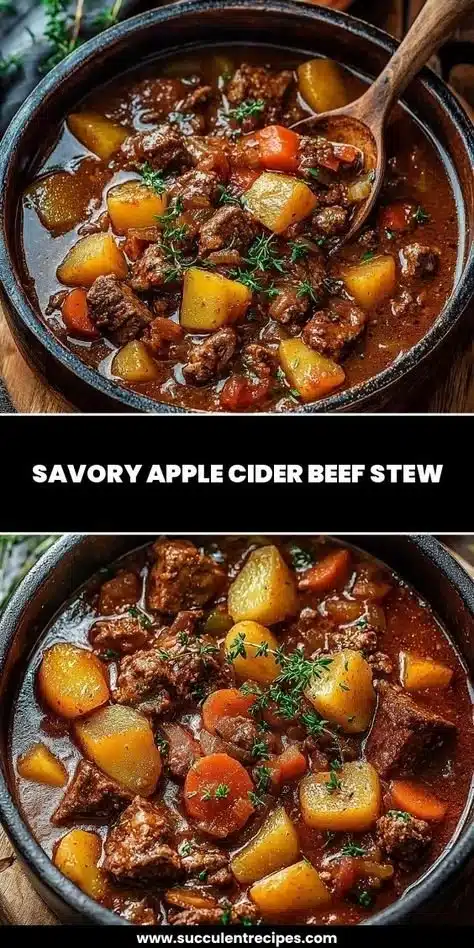 Savory apple cider beef stew in a rustic bowl with fresh herbs