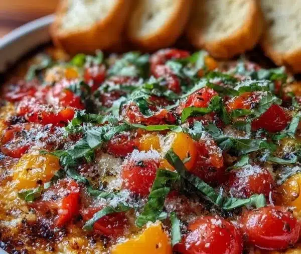 Savory baked bruschetta dip with fresh tomatoes and basil served in a dish