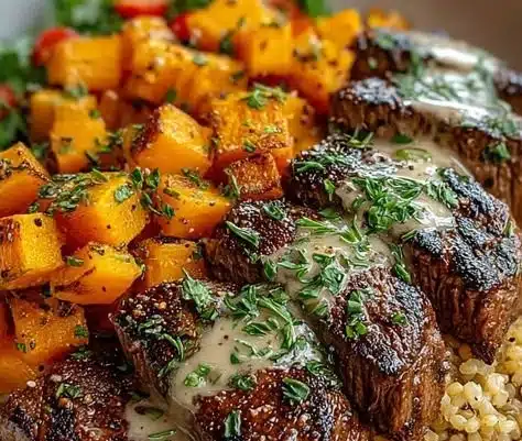 Savory Butternut Squash & Garlic Herb Steak Bowls 9 Savory butternut squash and garlic herb steak bowls garnished for a flavorful meal.