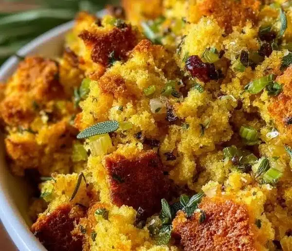 Savory Herb-Infused Baked Cornbread Stuffing 6 Baked cornbread stuffing infused with herbs, served in a dish