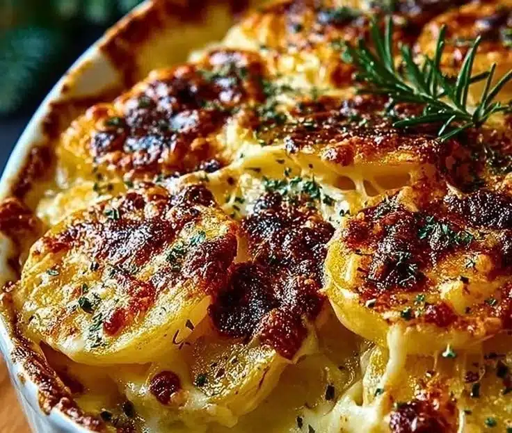 Baked scalloped potatoes with creamy cheese layers