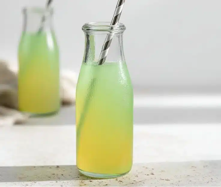 Refreshing homemade green apple soda in a glass with ice and mint leaves