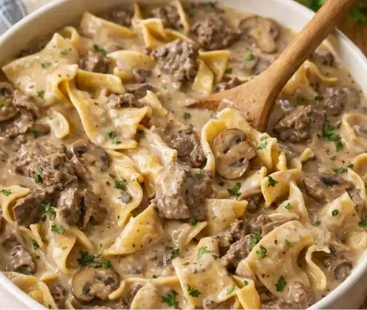 Delicious slow cooker beef stroganoff served in a bowl