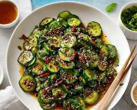 Smashed Asian Cucumber Salad with fresh vegetables and dressing