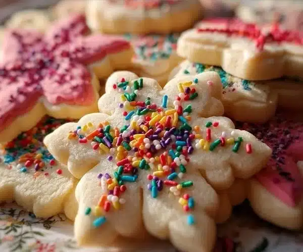 Plate of soft cut-out sugar cookies decorated with icing and sprinkles