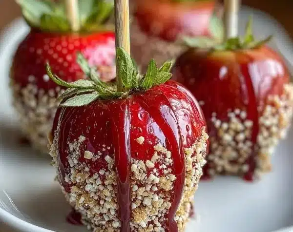 Strawberry Shortcake Candy Apples 5 Delicious Strawberry Shortcake Candy Apples with a delightful blend of flavors.
