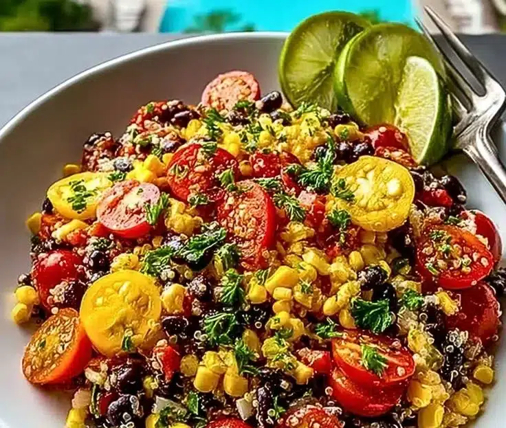 Sweet corn and black bean quinoa salad in a bowl filled with vibrant colors