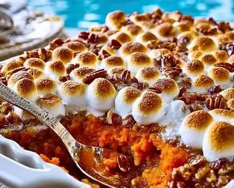 Sweet potato casserole topped with marshmallows and made with canned yams