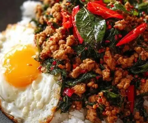 Thai Basil Chicken Stir-Fry showcasing vibrant vegetables and aromatic basil leaves